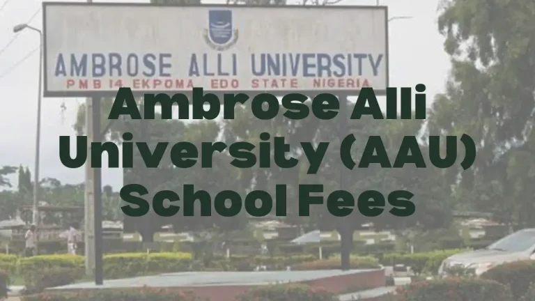 Ambrose Alli University (AAU) school fees information. Sign shows university location.