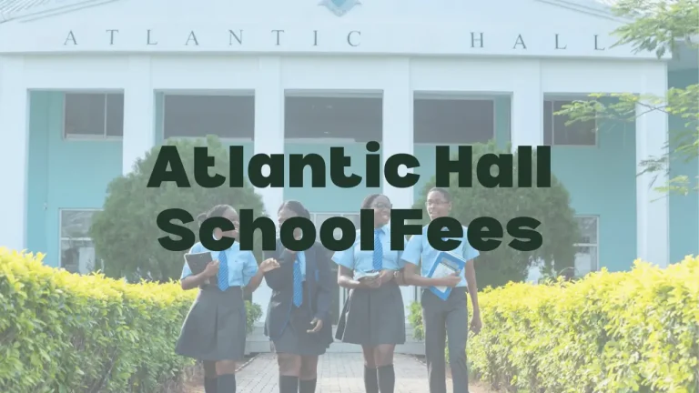 Four Atlantic Hall students in uniform walking, "Atlantic Hall School Fees" text overlayed.