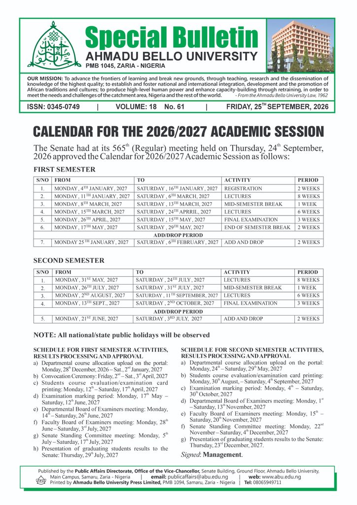 ABU ACADEMIC CALENDAR 2026/2027
